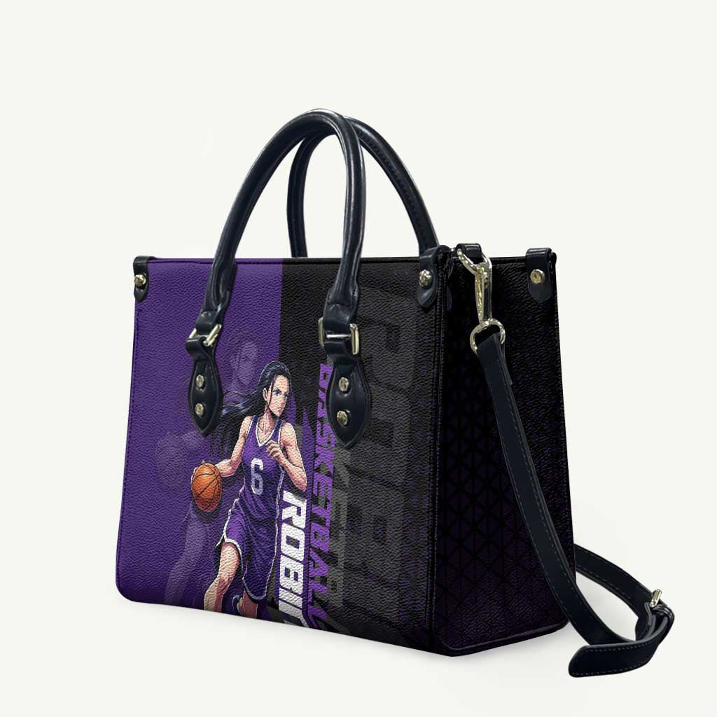 Nico Robin One Piece Basketball Theme Purple and Black Design Leather Bag with Action Pose and Crew Emblem - The Mazicc