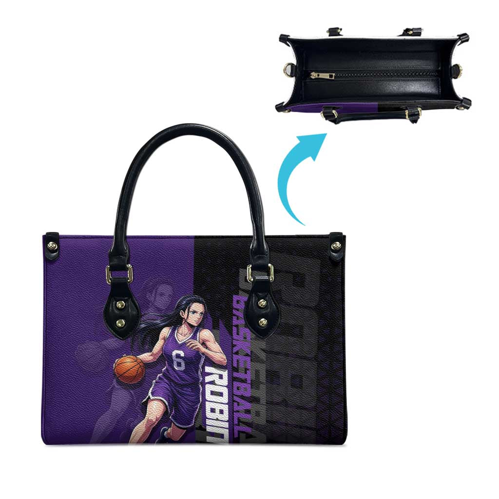 Nico Robin One Piece Basketball Theme Purple and Black Design Leather Bag with Action Pose and Crew Emblem - The Mazicc