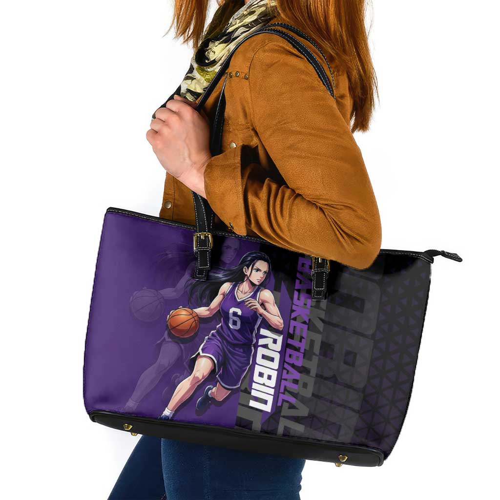 Nico Robin One Piece Basketball Theme Purple and Black Design Leather Tote Bag with Action Pose and Crew Emblem - The Mazicc