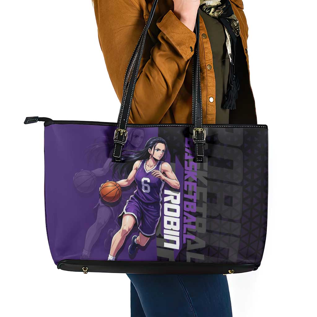 Nico Robin One Piece Basketball Theme Purple and Black Design Leather Tote Bag with Action Pose and Crew Emblem - The Mazicc