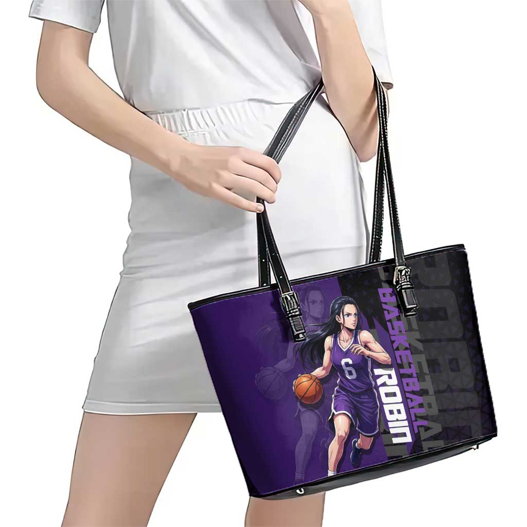 Nico Robin One Piece Basketball Theme Purple and Black Design Leather Tote Bag with Action Pose and Crew Emblem - The Mazicc