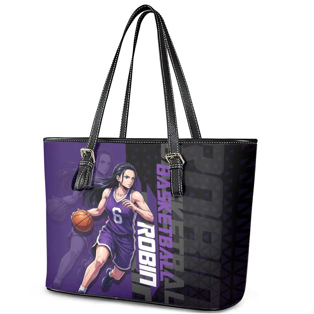 Nico Robin One Piece Basketball Theme Purple and Black Design Leather Tote Bag with Action Pose and Crew Emblem - The Mazicc