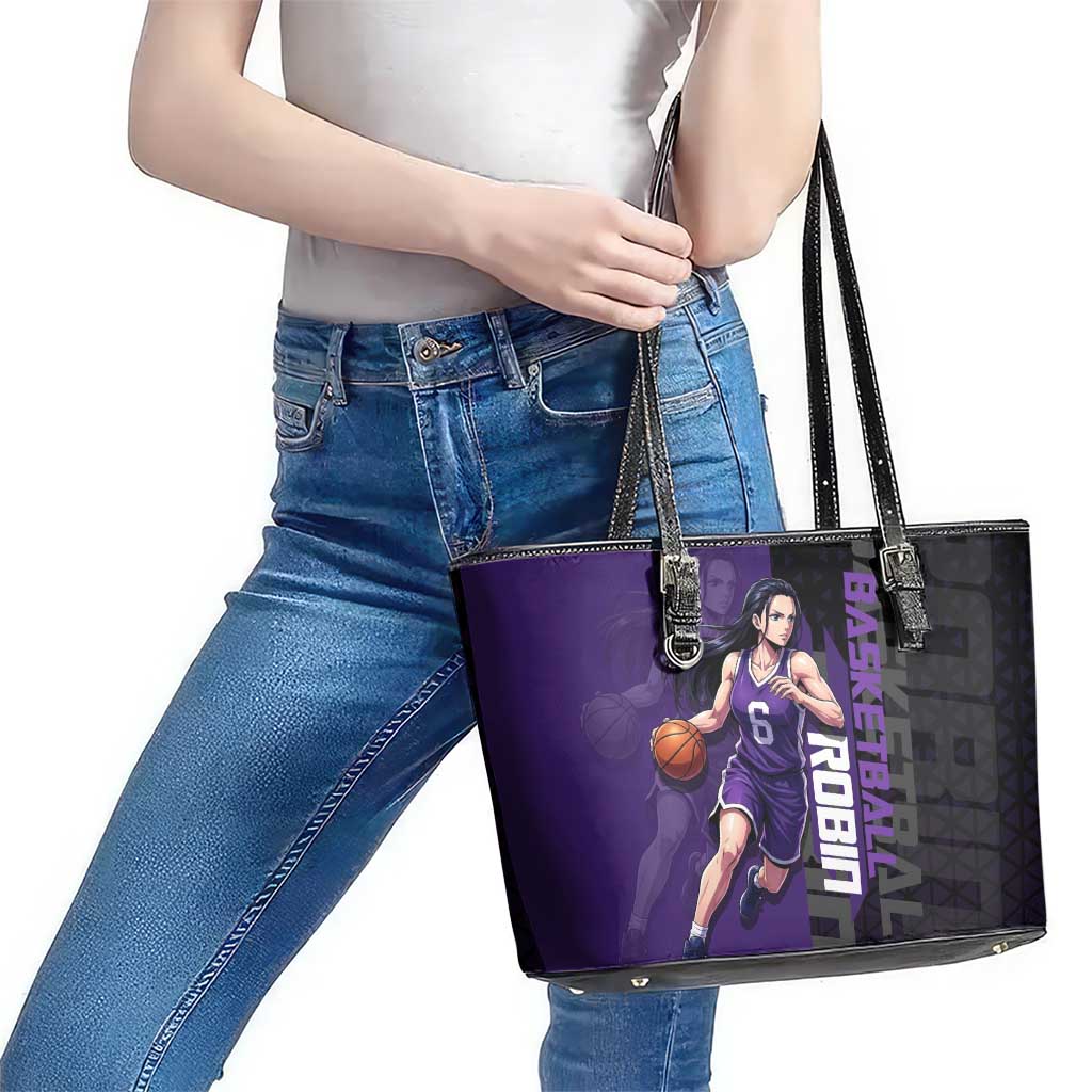 Nico Robin One Piece Basketball Theme Purple and Black Design Leather Tote Bag with Action Pose and Crew Emblem - The Mazicc