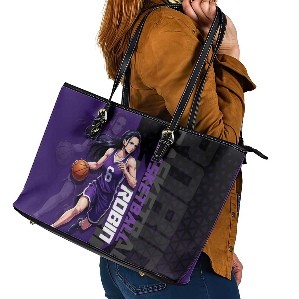 Nico Robin One Piece Basketball Theme Purple and Black Design Leather Tote Bag with Action Pose and Crew Emblem - The Mazicc