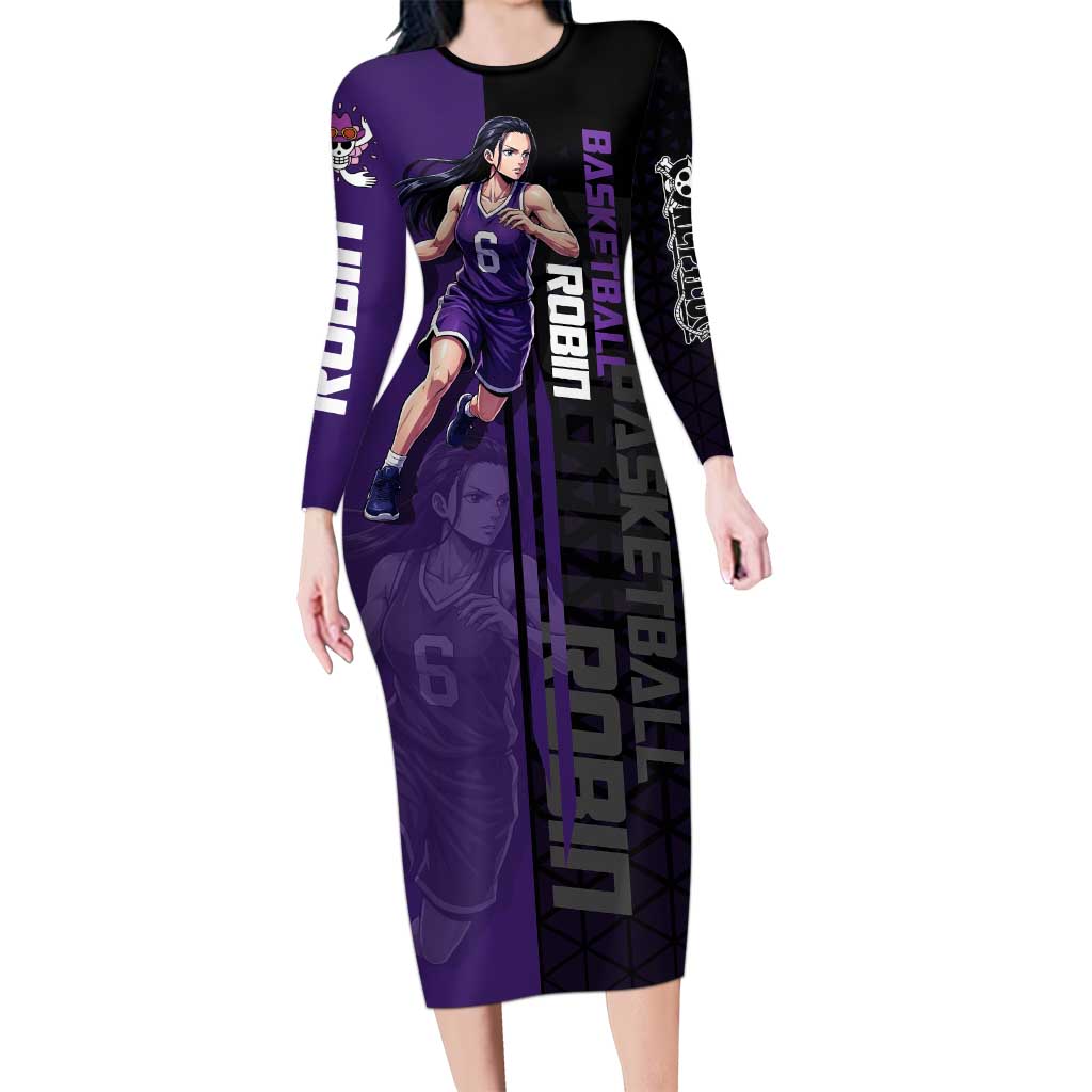 Nico Robin One Piece Basketball Theme Purple and Black Design Long Sleeve Bodycon Dress with Action Pose and Crew Emblem - The Mazicc