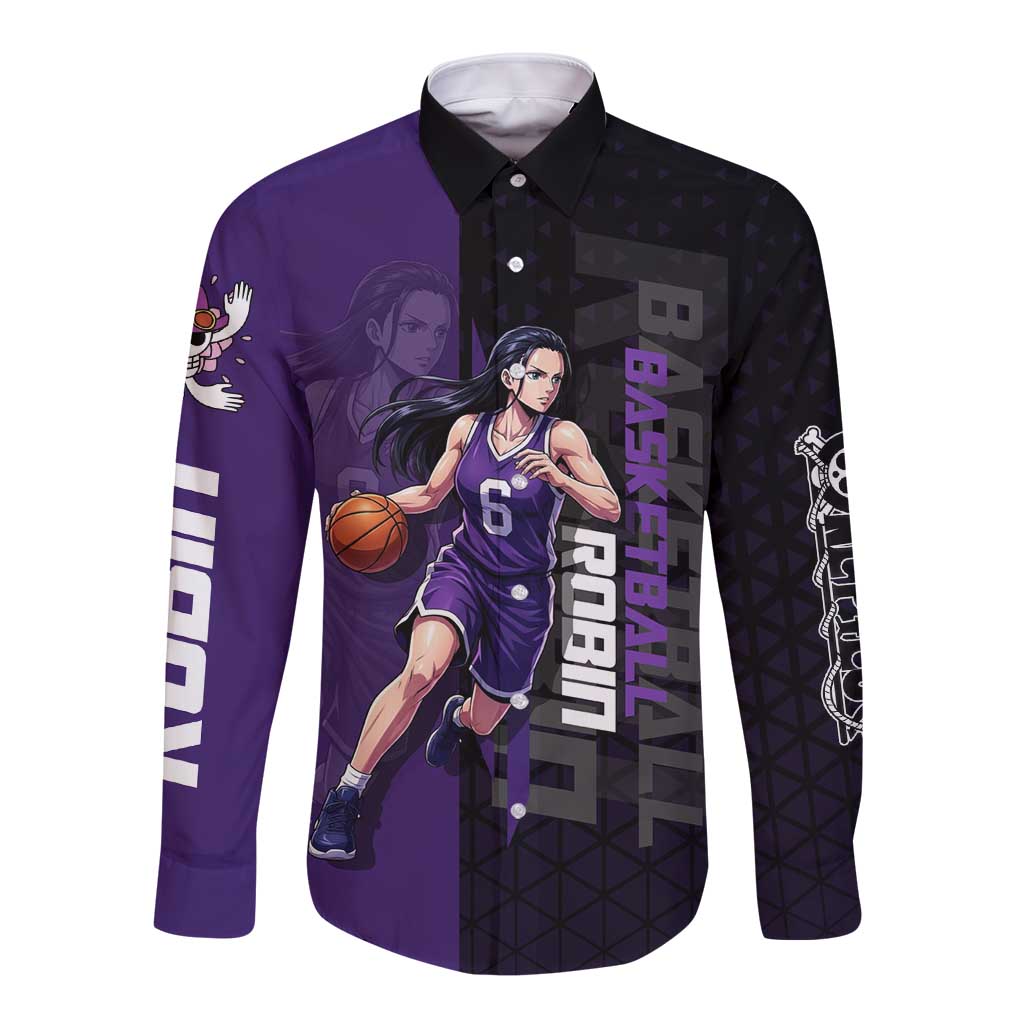 Nico Robin One Piece Basketball Theme Purple and Black Design Long Sleeve Button Shirt with Action Pose and Crew Emblem - The Mazicc