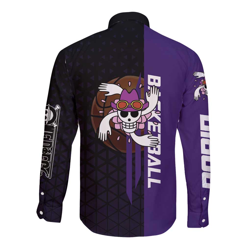 Nico Robin One Piece Basketball Theme Purple and Black Design Long Sleeve Button Shirt with Action Pose and Crew Emblem - The Mazicc