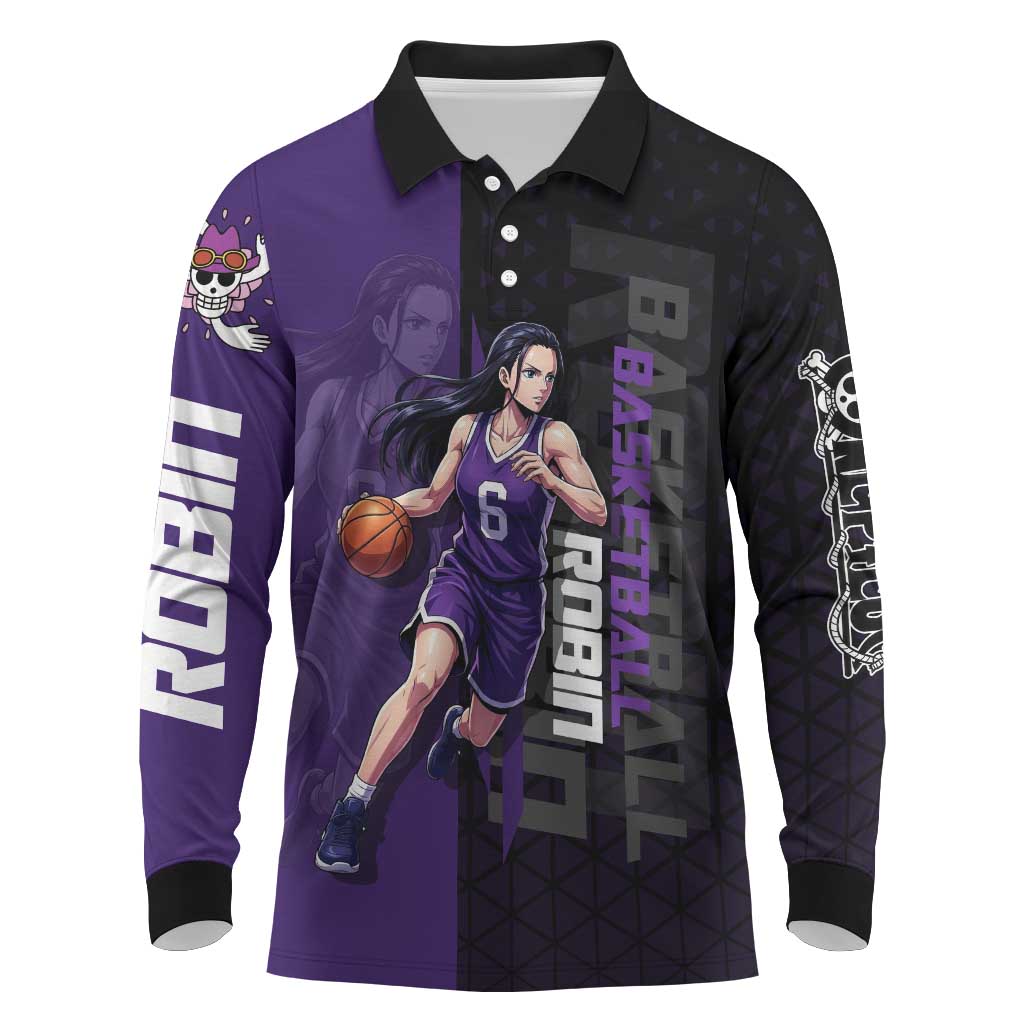 Nico Robin One Piece Basketball Theme Purple and Black Design Long Sleeve Polo Shirt with Action Pose and Crew Emblem - The Mazicc