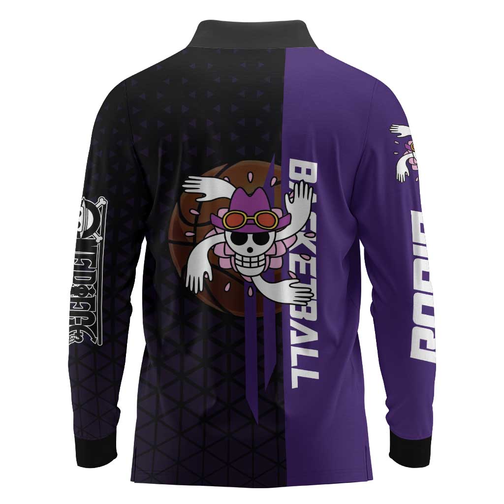 Nico Robin One Piece Basketball Theme Purple and Black Design Long Sleeve Polo Shirt with Action Pose and Crew Emblem - The Mazicc