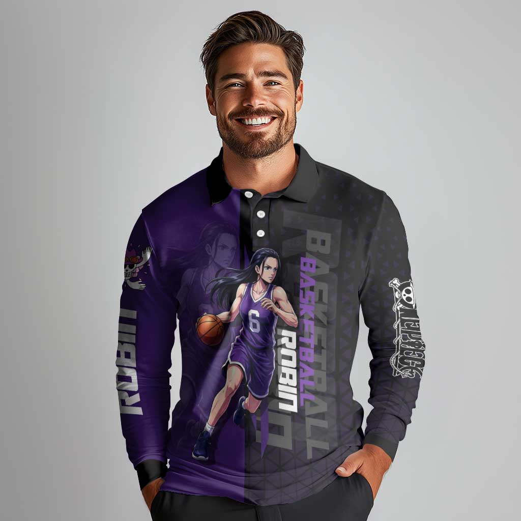 Nico Robin One Piece Basketball Theme Purple and Black Design Long Sleeve Polo Shirt with Action Pose and Crew Emblem - The Mazicc