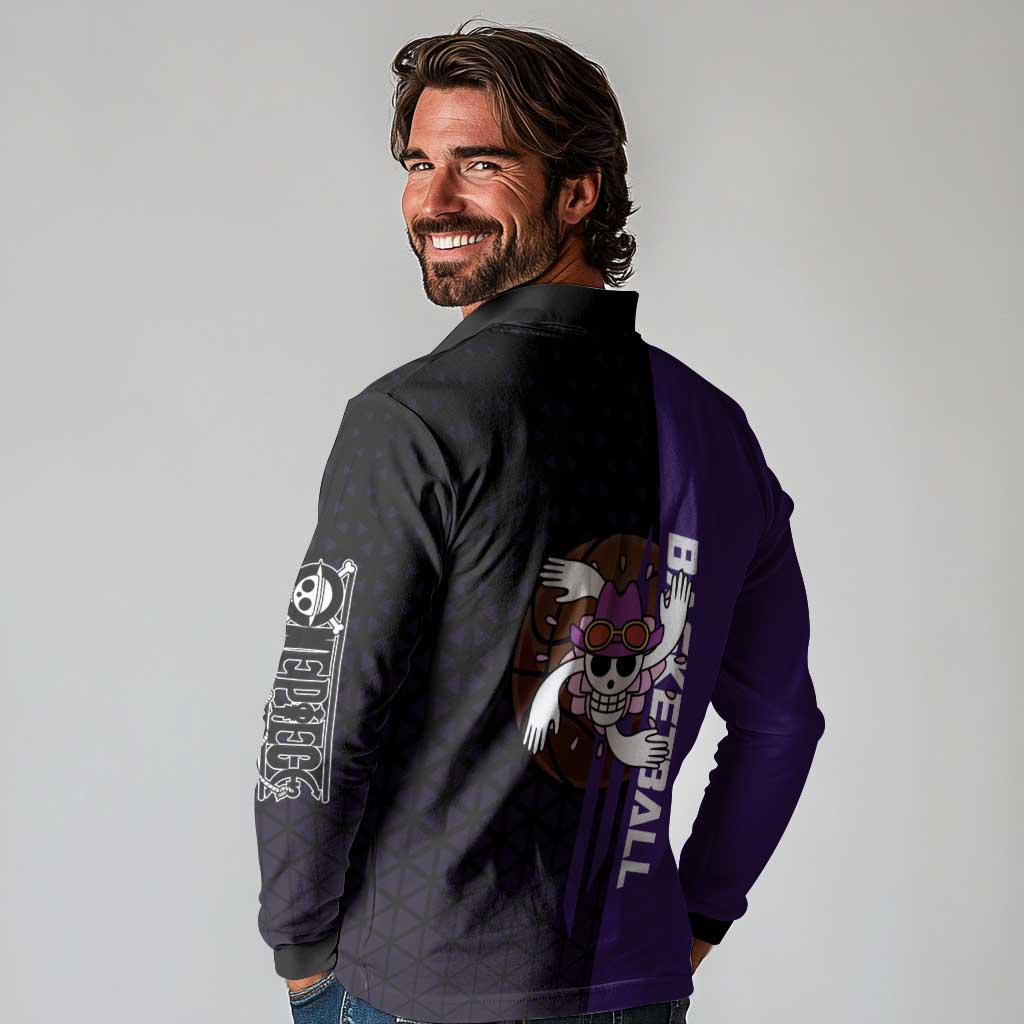 Nico Robin One Piece Basketball Theme Purple and Black Design Long Sleeve Polo Shirt with Action Pose and Crew Emblem - The Mazicc
