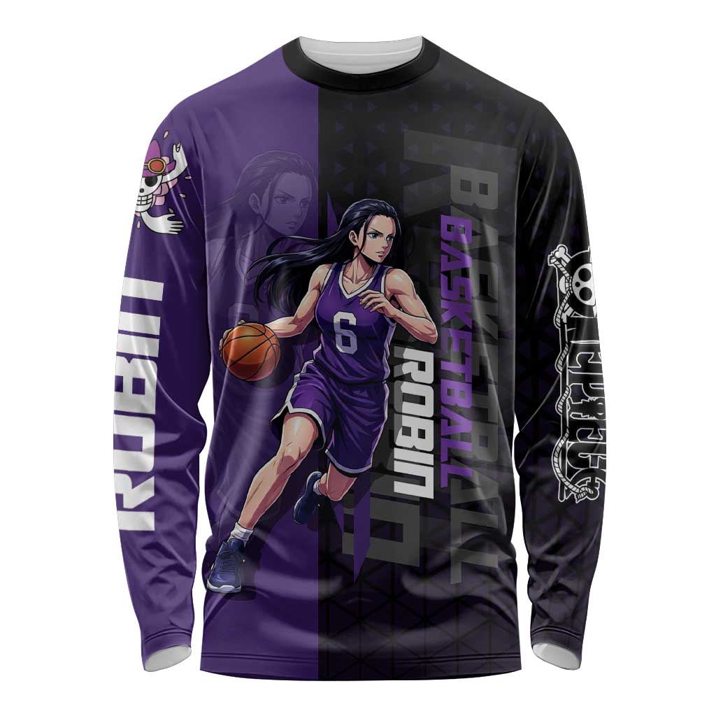 Nico Robin One Piece Basketball Theme Purple and Black Design Long Sleeve Shirt with Action Pose and Crew Emblem - The Mazicc