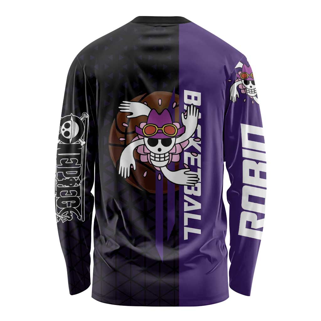 Nico Robin One Piece Basketball Theme Purple and Black Design Long Sleeve Shirt with Action Pose and Crew Emblem - The Mazicc