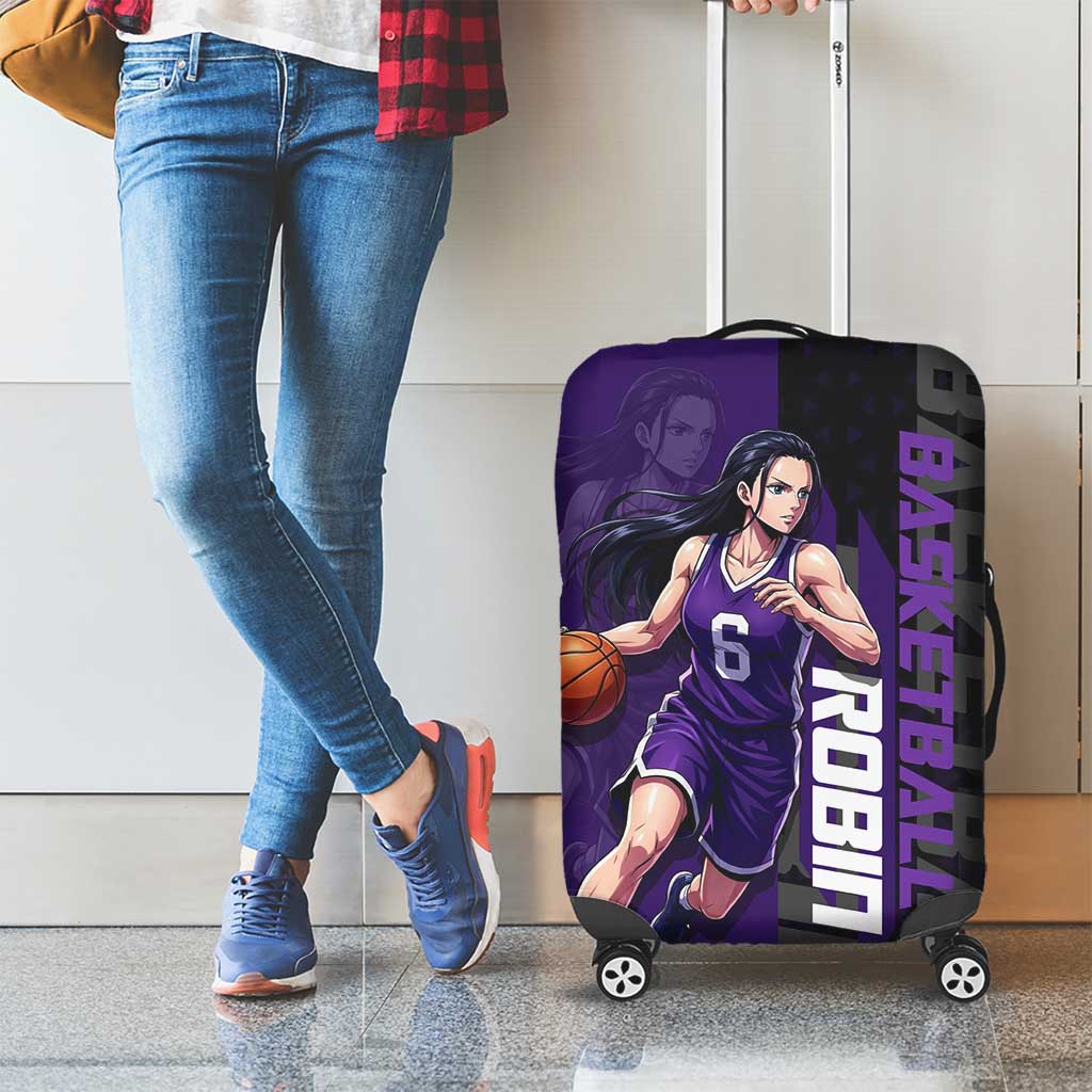 Nico Robin One Piece Basketball Theme Purple and Black Design Luggage Cover with Action Pose and Crew Emblem - The Mazicc