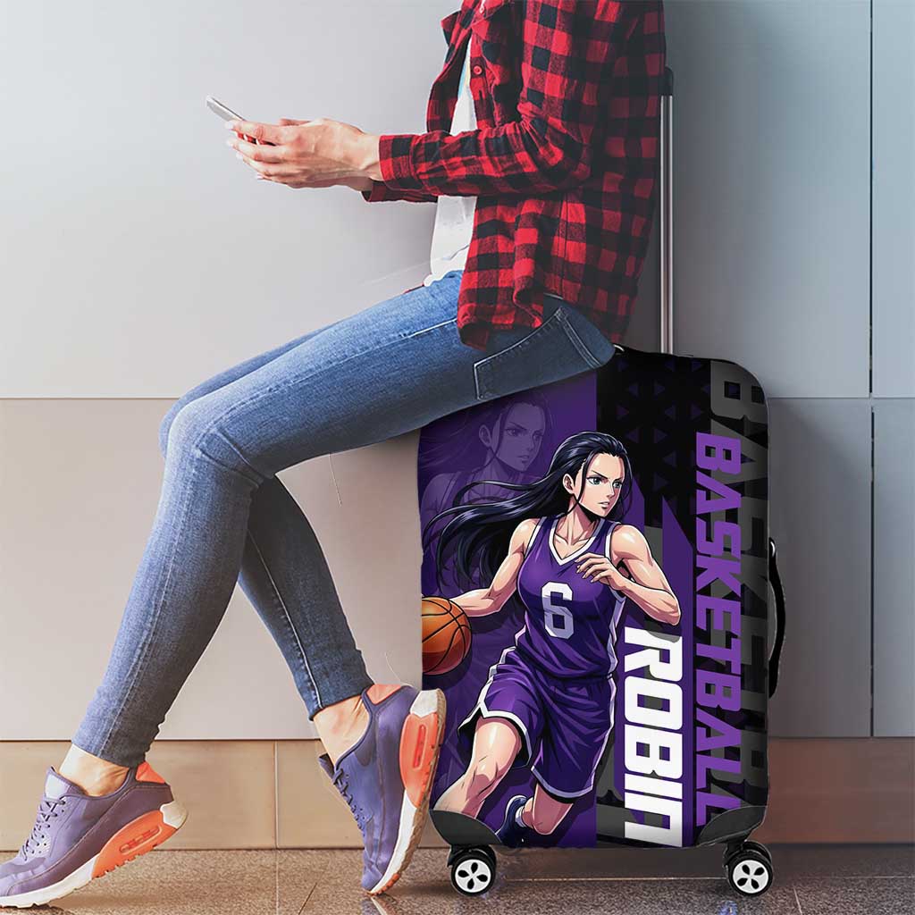 Nico Robin One Piece Basketball Theme Purple and Black Design Luggage Cover with Action Pose and Crew Emblem - The Mazicc