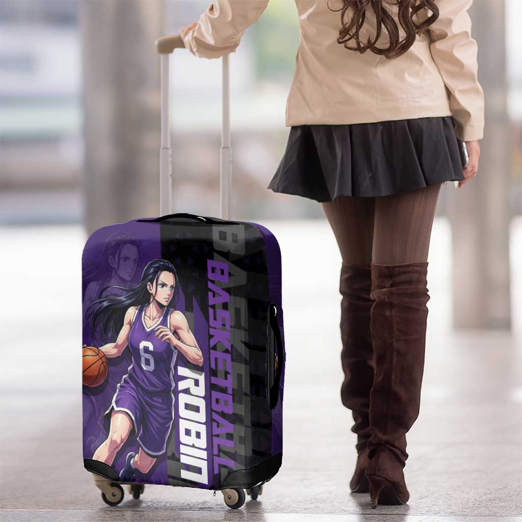 Nico Robin One Piece Basketball Theme Purple and Black Design Luggage Cover with Action Pose and Crew Emblem - The Mazicc