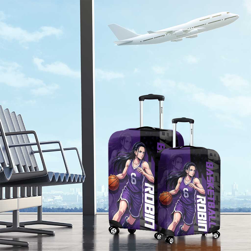 Nico Robin One Piece Basketball Theme Purple and Black Design Luggage Cover with Action Pose and Crew Emblem - The Mazicc