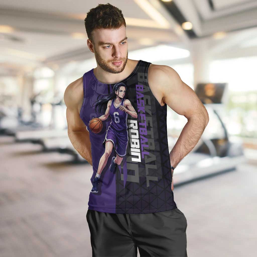 Nico Robin One Piece Basketball Theme Purple and Black Design Men Tank Top with Action Pose and Crew Emblem - The Mazicc