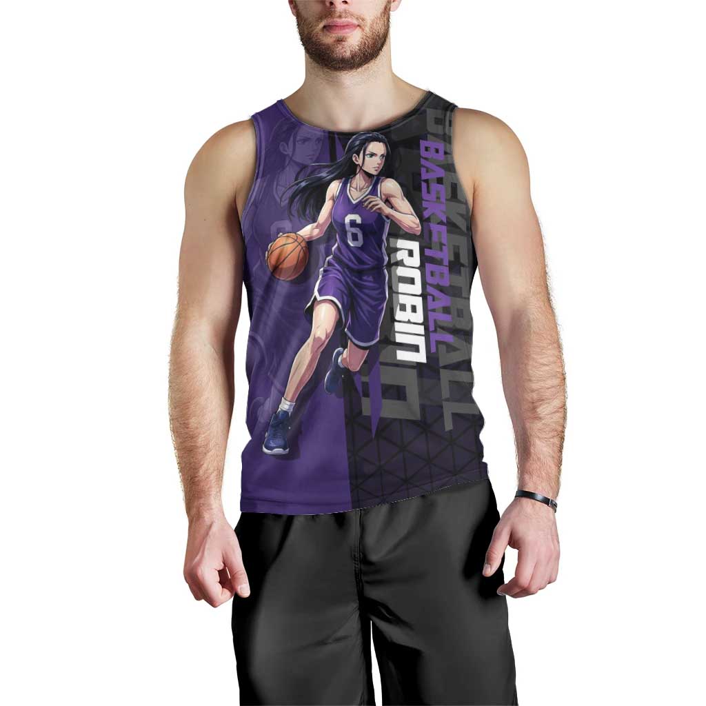 Nico Robin One Piece Basketball Theme Purple and Black Design Men Tank Top with Action Pose and Crew Emblem - The Mazicc