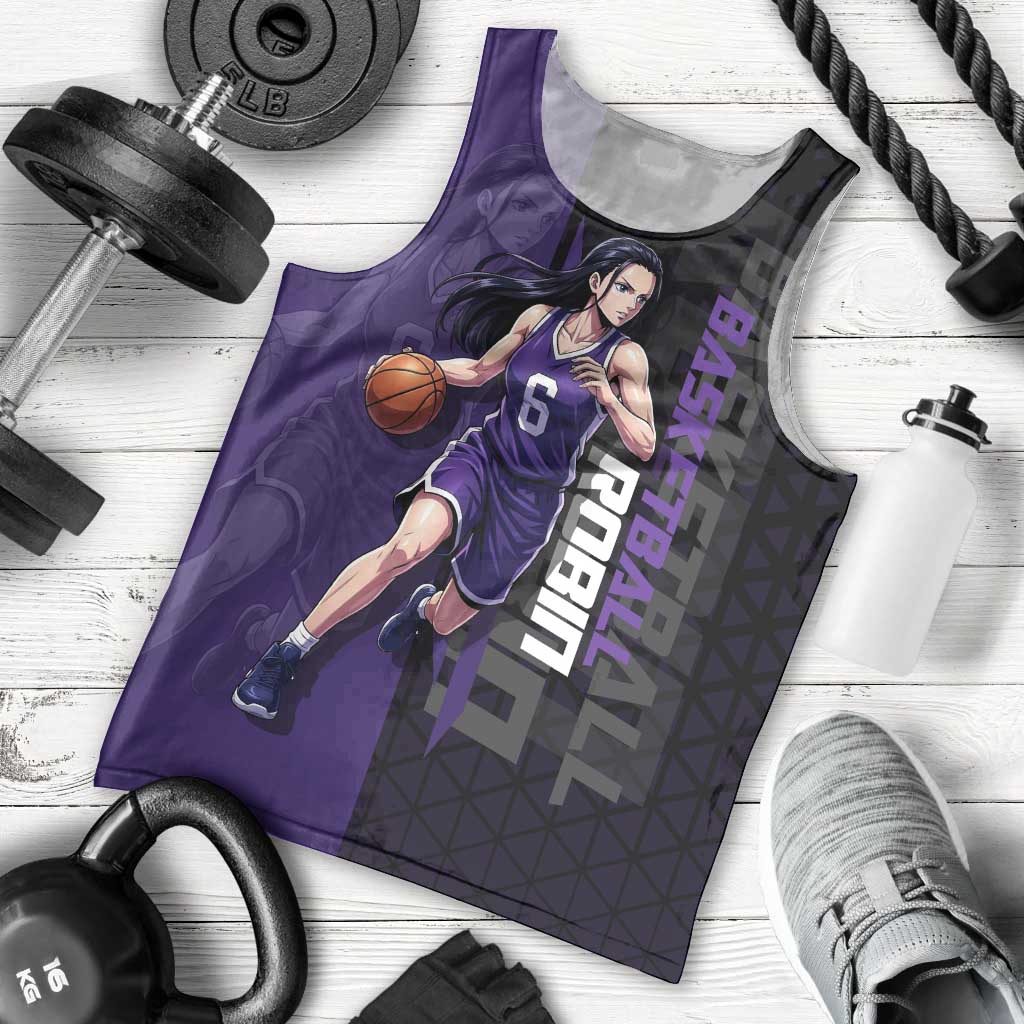 Nico Robin One Piece Basketball Theme Purple and Black Design Men Tank Top with Action Pose and Crew Emblem - The Mazicc