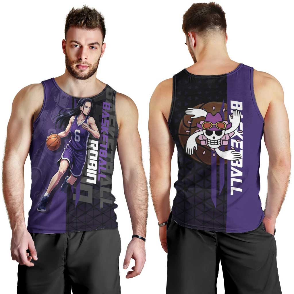 Nico Robin One Piece Basketball Theme Purple and Black Design Men Tank Top with Action Pose and Crew Emblem - The Mazicc