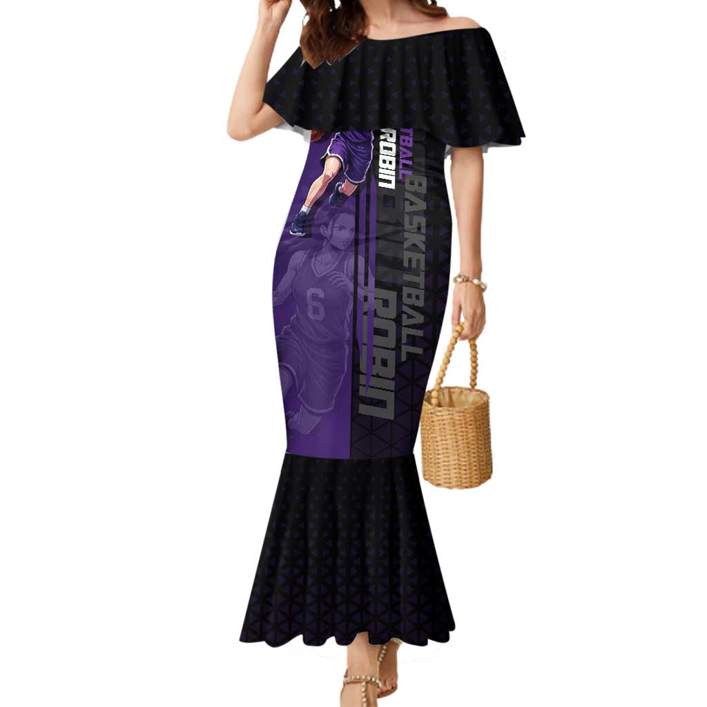 Nico Robin One Piece Basketball Theme Purple and Black Design Mermaid Dress with Action Pose and Crew Emblem - The Mazicc
