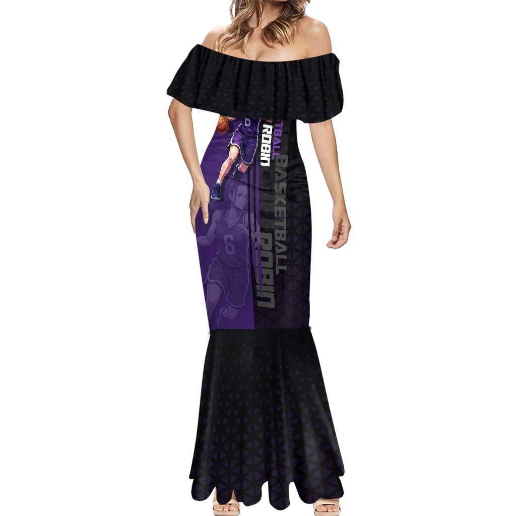 Nico Robin One Piece Basketball Theme Purple and Black Design Mermaid Dress with Action Pose and Crew Emblem - The Mazicc