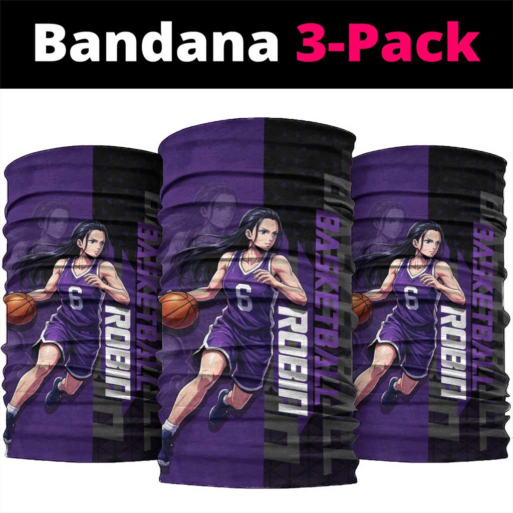 Nico Robin One Piece Basketball Theme Purple and Black Design Neck Gaiter with Action Pose and Crew Emblem - The Mazicc