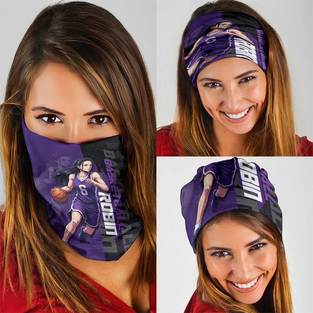 Nico Robin One Piece Basketball Theme Purple and Black Design Neck Gaiter with Action Pose and Crew Emblem - The Mazicc