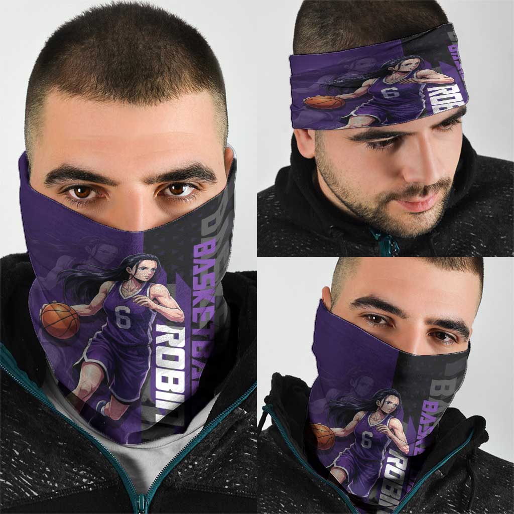 Nico Robin One Piece Basketball Theme Purple and Black Design Neck Gaiter with Action Pose and Crew Emblem - The Mazicc