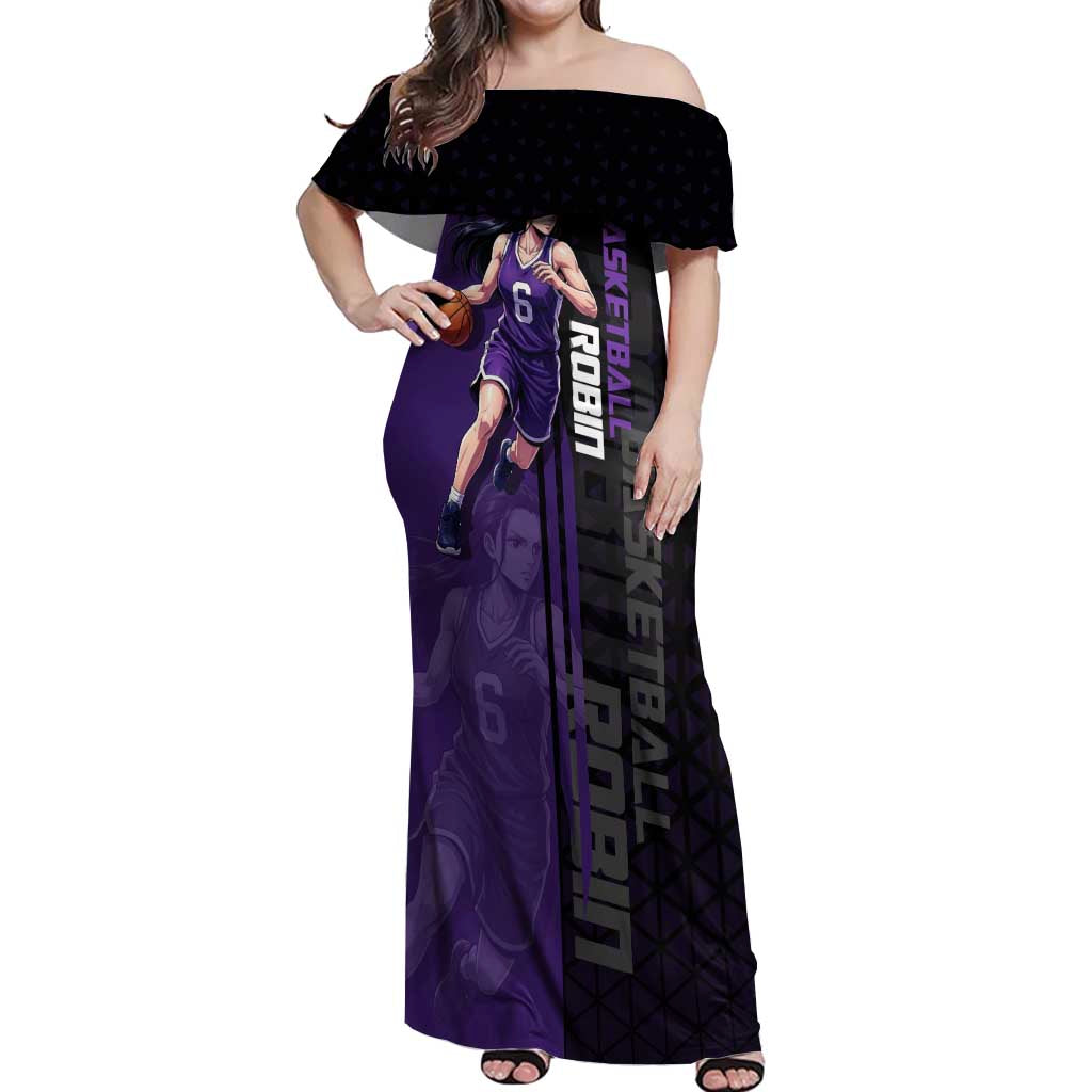 Nico Robin One Piece Basketball Theme Purple and Black Design Off Shoulder Maxi Dress with Action Pose and Crew Emblem - The Mazicc