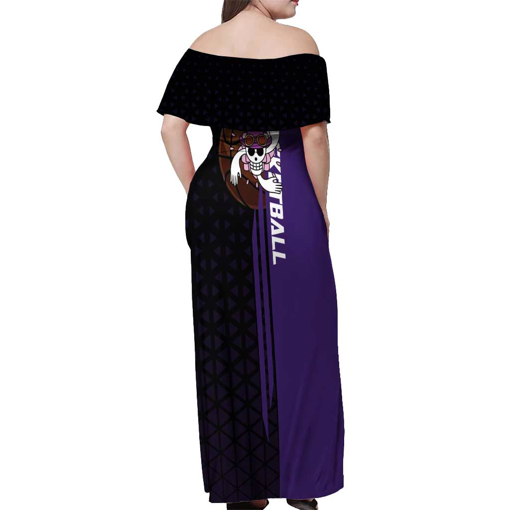 Nico Robin One Piece Basketball Theme Purple and Black Design Off Shoulder Maxi Dress with Action Pose and Crew Emblem - The Mazicc