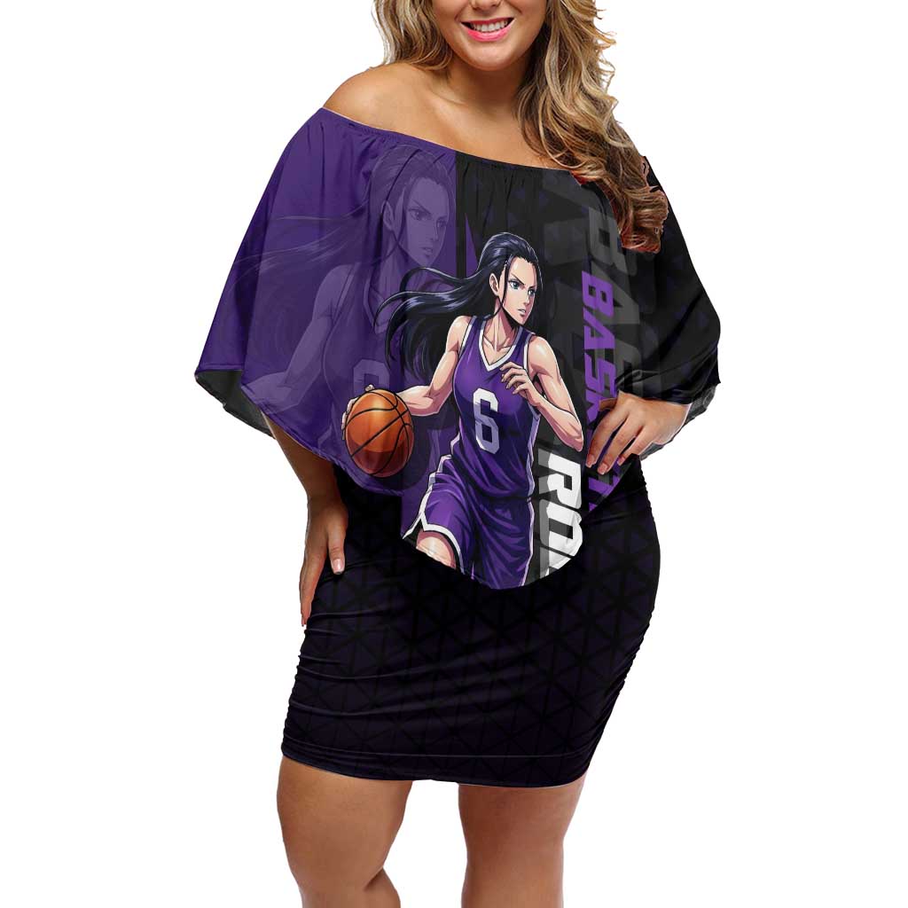 Nico Robin One Piece Basketball Theme Purple and Black Design Off Shoulder Short Dress with Action Pose and Crew Emblem - The Mazicc