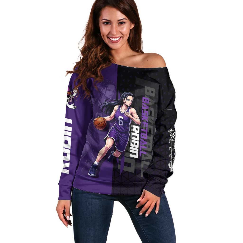 Nico Robin One Piece Basketball Theme Purple and Black Design Off Shoulder Sweater with Action Pose and Crew Emblem - The Mazicc