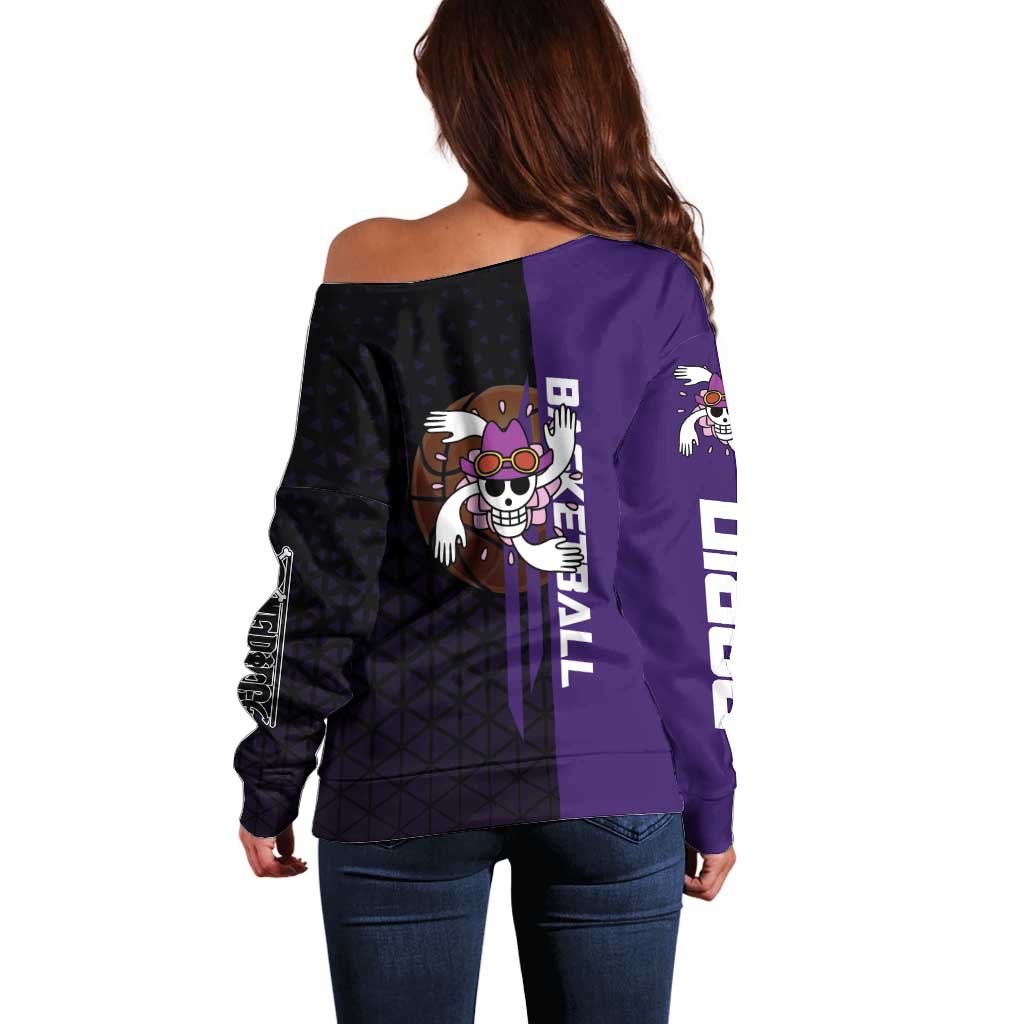 Nico Robin One Piece Basketball Theme Purple and Black Design Off Shoulder Sweater with Action Pose and Crew Emblem - The Mazicc
