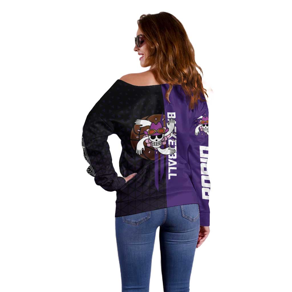 Nico Robin One Piece Basketball Theme Purple and Black Design Off Shoulder Sweater with Action Pose and Crew Emblem - The Mazicc