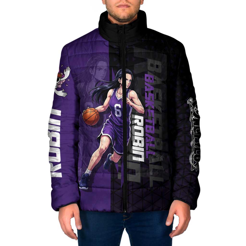 Nico Robin One Piece Basketball Theme Purple and Black Design Padded Jacket with Action Pose and Crew Emblem - The Mazicc