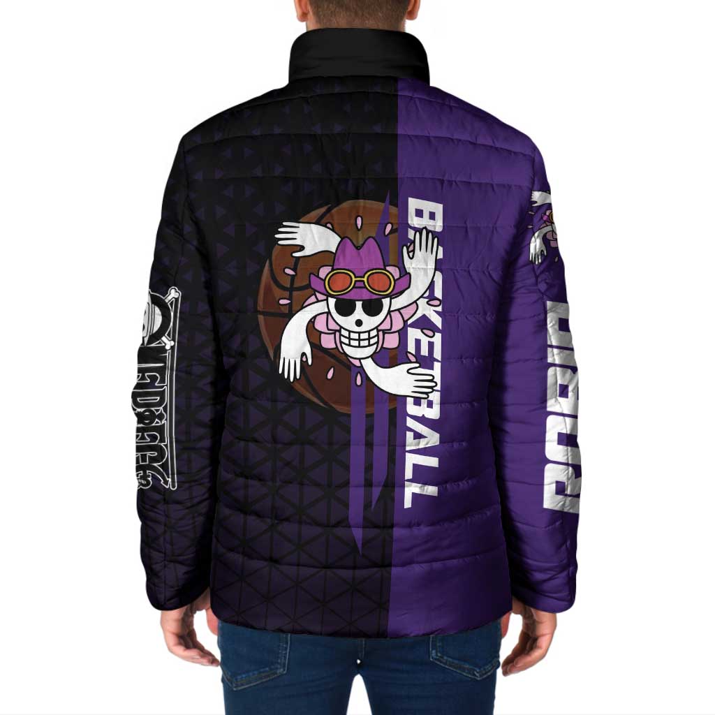 Nico Robin One Piece Basketball Theme Purple and Black Design Padded Jacket with Action Pose and Crew Emblem - The Mazicc