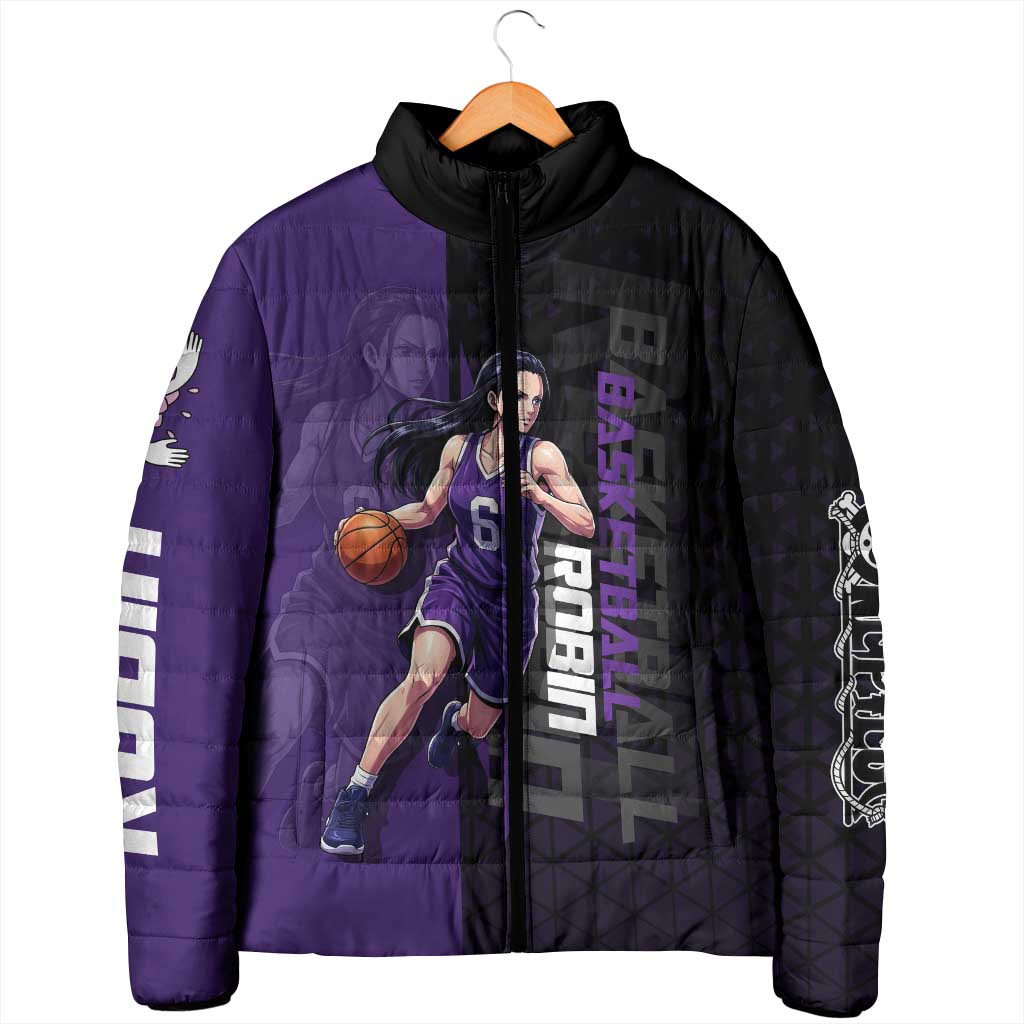 Nico Robin One Piece Basketball Theme Purple and Black Design Padded Jacket with Action Pose and Crew Emblem - The Mazicc