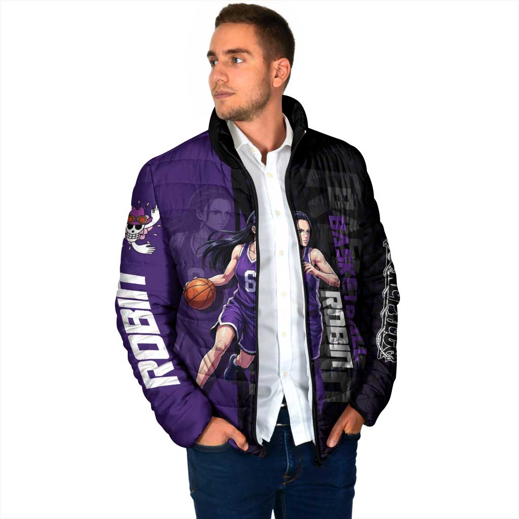 Nico Robin One Piece Basketball Theme Purple and Black Design Padded Jacket with Action Pose and Crew Emblem - The Mazicc