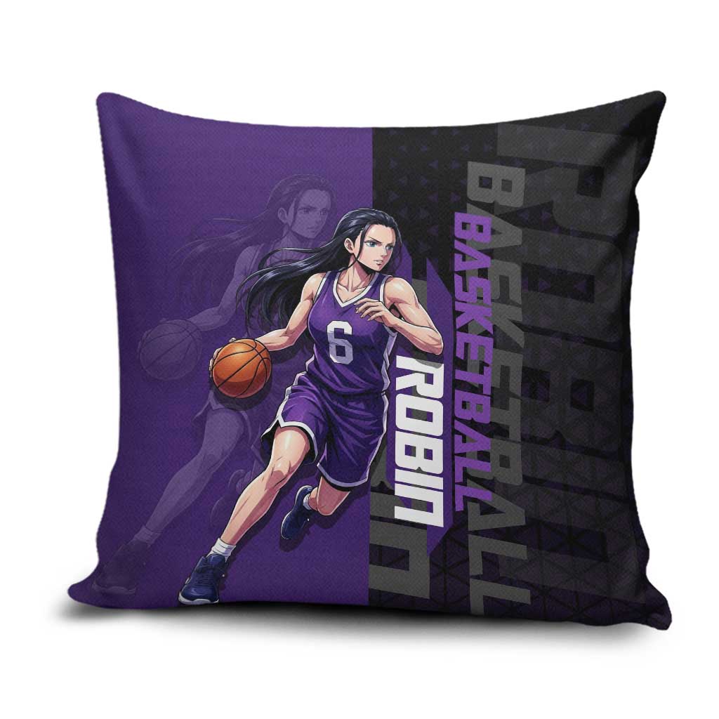 Nico Robin One Piece Basketball Theme Purple and Black Design Pillow Cover with Action Pose and Crew Emblem - The Mazicc