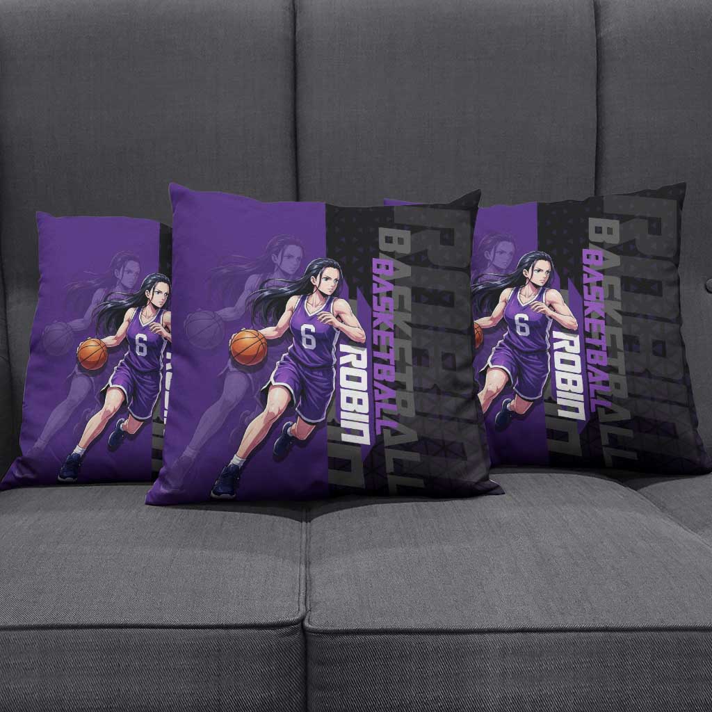 Nico Robin One Piece Basketball Theme Purple and Black Design Pillow Cover with Action Pose and Crew Emblem - The Mazicc