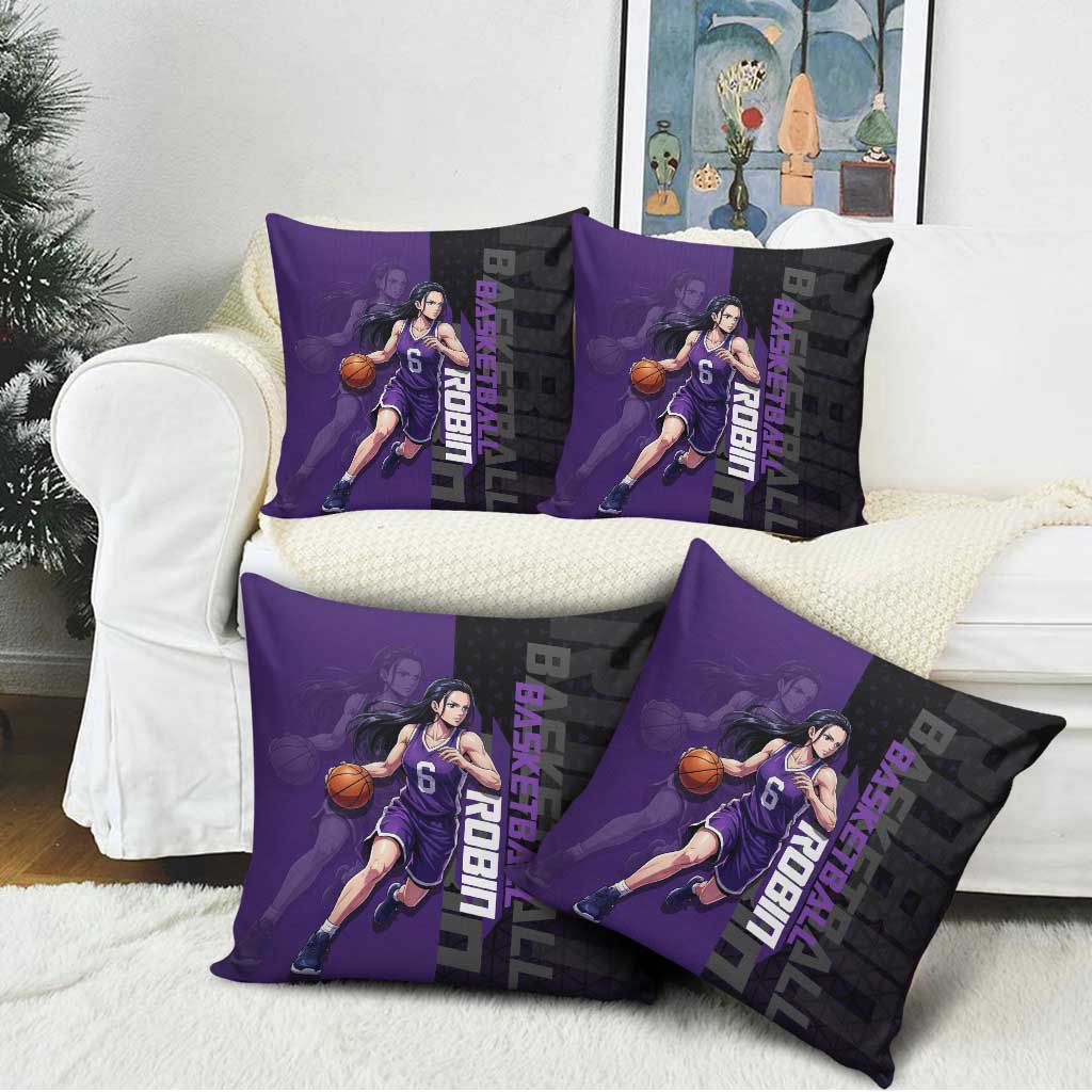 Nico Robin One Piece Basketball Theme Purple and Black Design Pillow Cover with Action Pose and Crew Emblem - The Mazicc