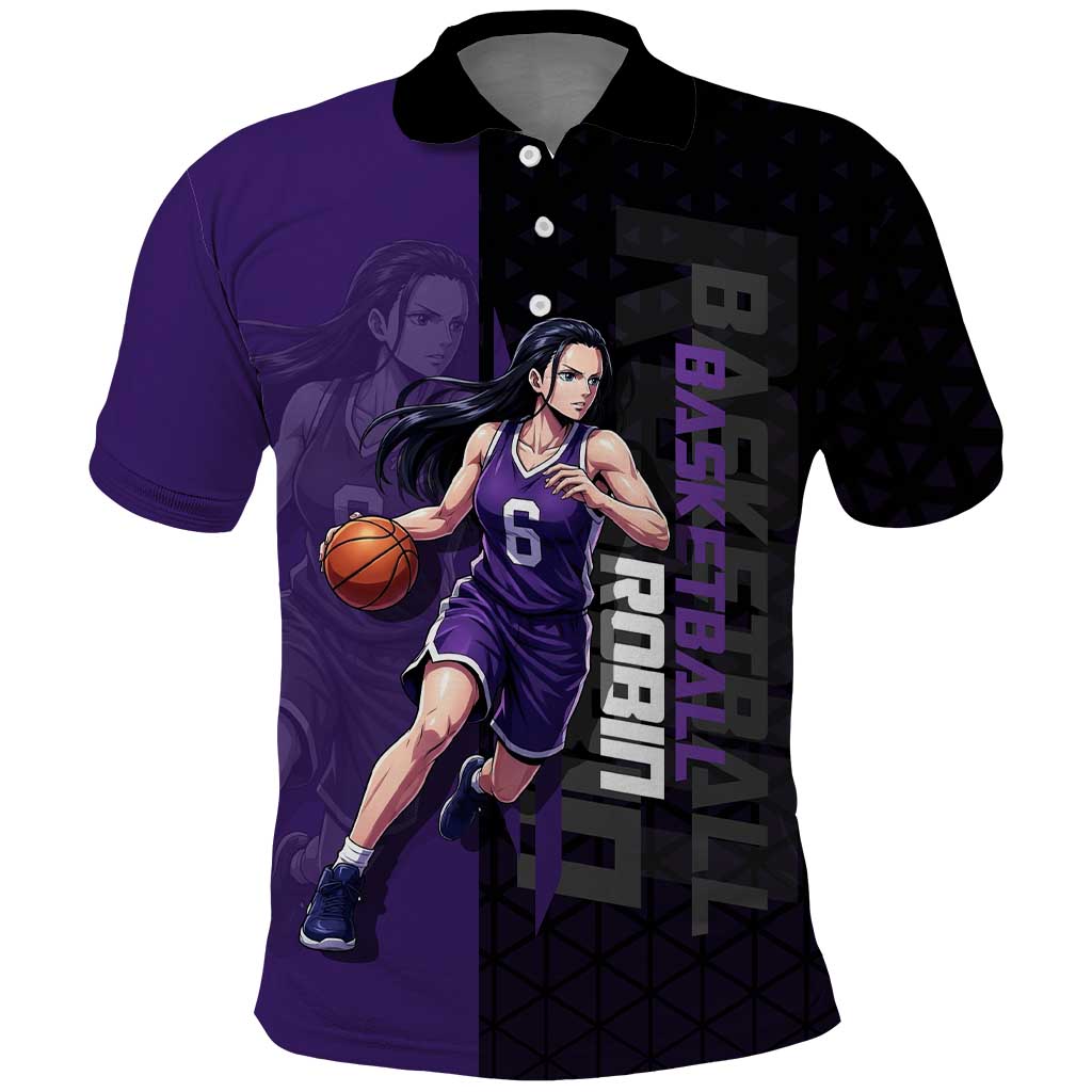 Nico Robin One Piece Basketball Theme Purple and Black Design Polo Shirt with Action Pose and Crew Emblem - The Mazicc