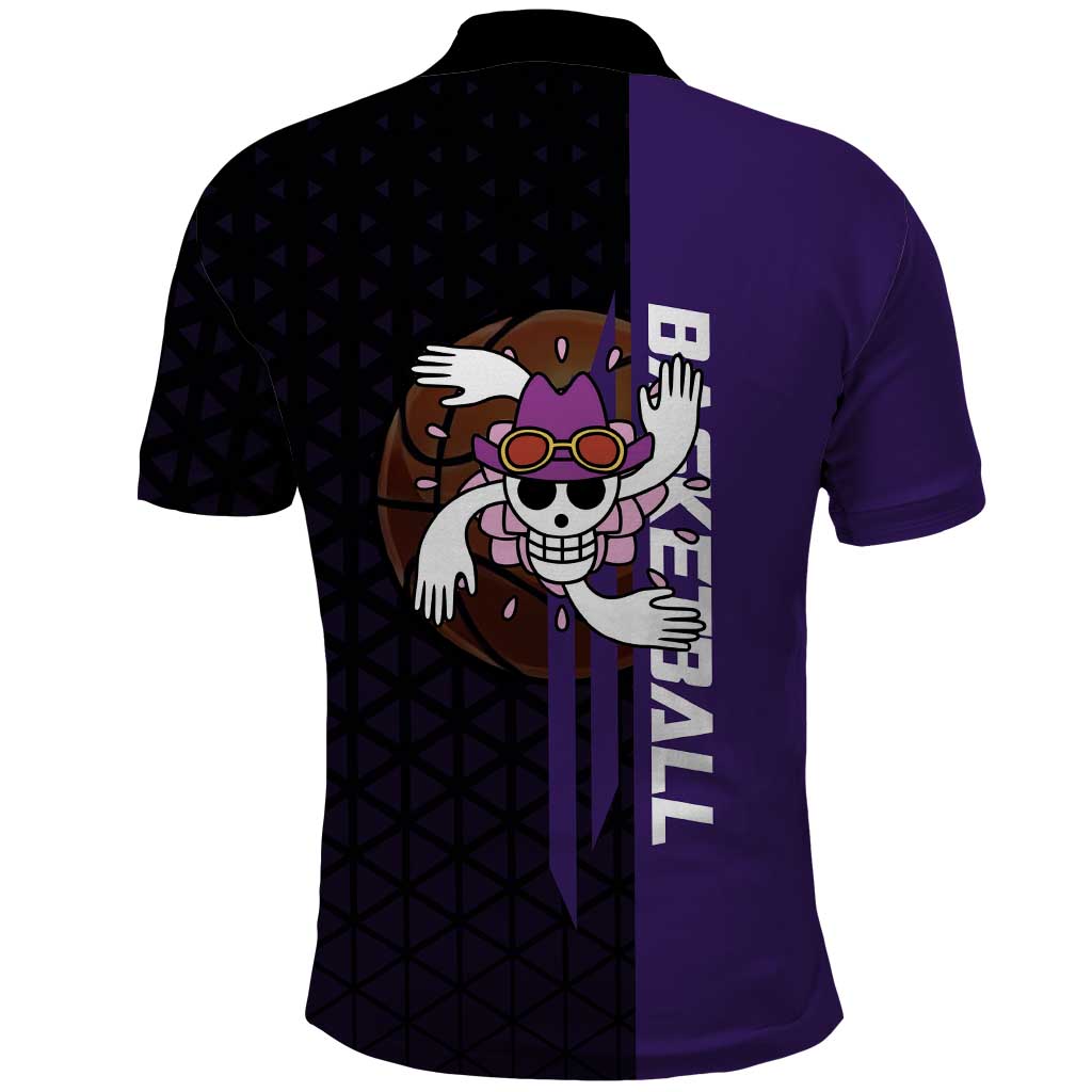 Nico Robin One Piece Basketball Theme Purple and Black Design Polo Shirt with Action Pose and Crew Emblem - The Mazicc