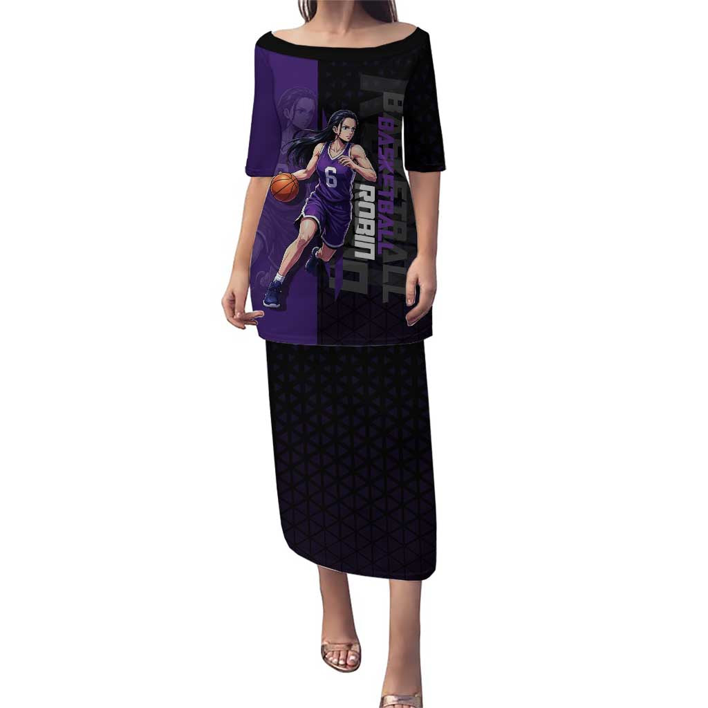 Nico Robin One Piece Basketball Theme Purple and Black Design Puletasi with Action Pose and Crew Emblem - The Mazicc