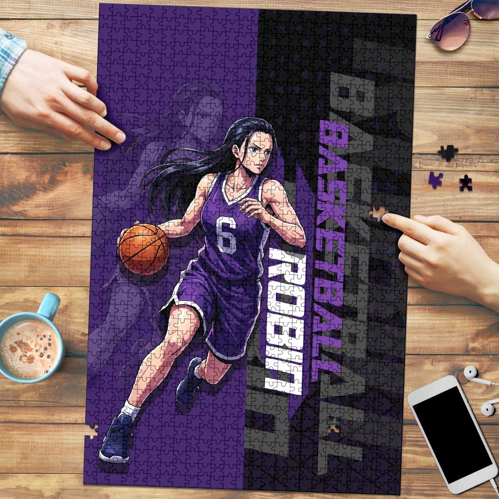 Nico Robin One Piece Basketball Theme Purple and Black Design Puzzle with Action Pose and Crew Emblem - The Mazicc