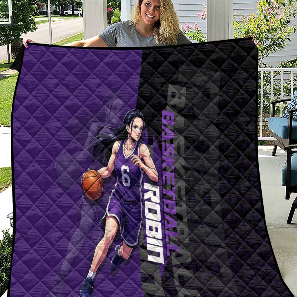 Nico Robin One Piece Basketball Theme Purple and Black Design Quilt with Action Pose and Crew Emblem - The Mazicc