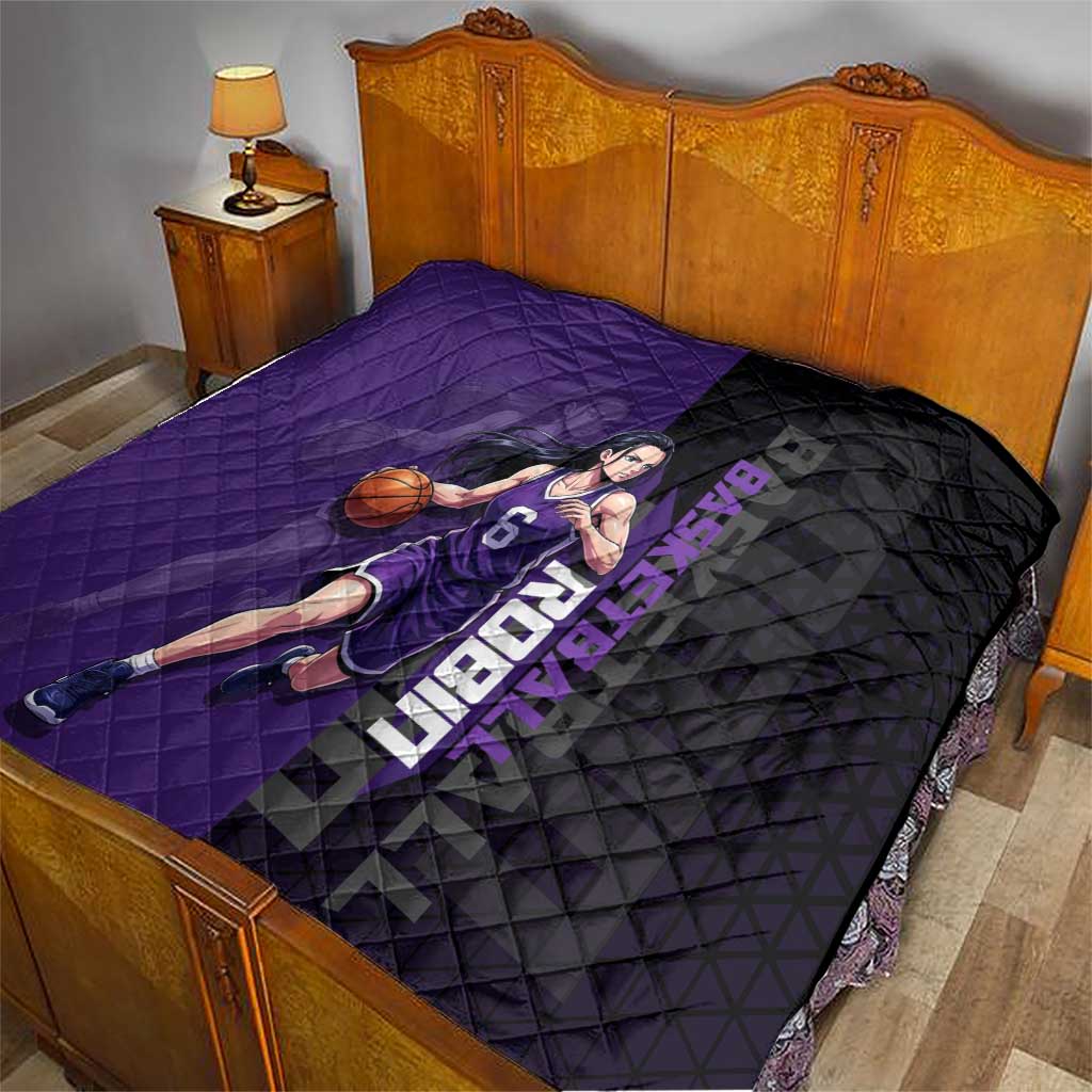 Nico Robin One Piece Basketball Theme Purple and Black Design Quilt with Action Pose and Crew Emblem - The Mazicc