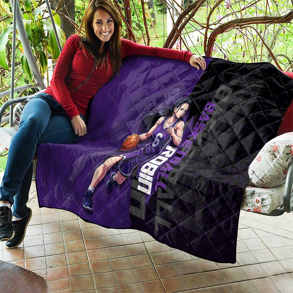 Nico Robin One Piece Basketball Theme Purple and Black Design Quilt with Action Pose and Crew Emblem - The Mazicc